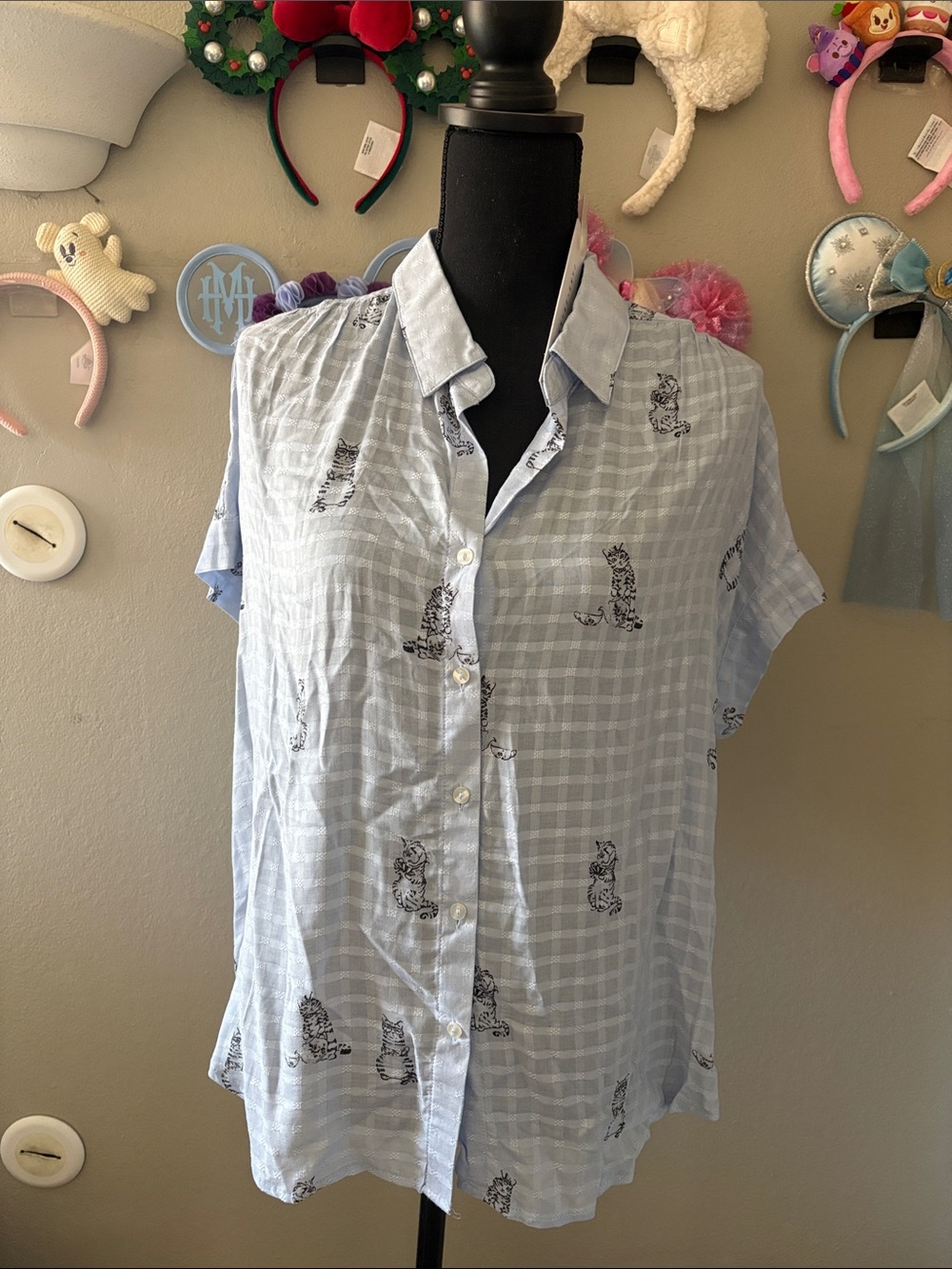 Jane and Delancey Light Blue Checked Button-Up Blouse with Cat Print
